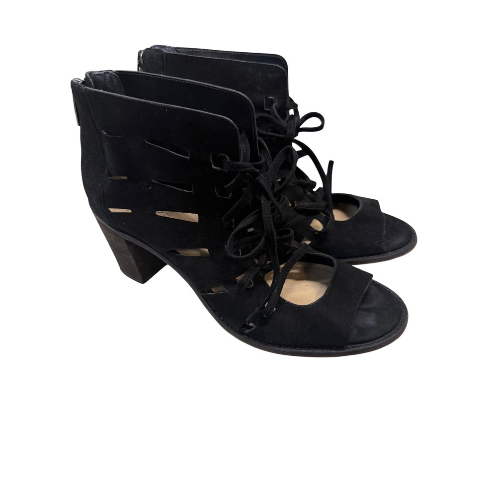 Vince‎ Camuto Black Suede Tressa Lace Up Peep Toe Block Heel Booties Boots 8M